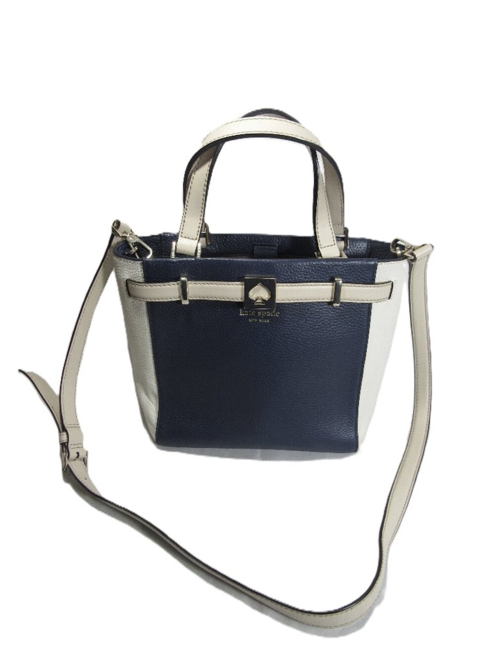 KATE SPADE GENUINE LEATHER TOTE NAVY BLUE + WHITE + SHOULDER STRAP CLEAN + NICE